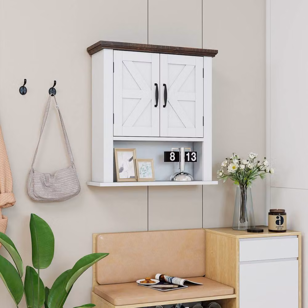 Gymax White Farmhouse Wall Mounted Medicine Cabinet with Hinged Doors and Internal Shelves – 2
