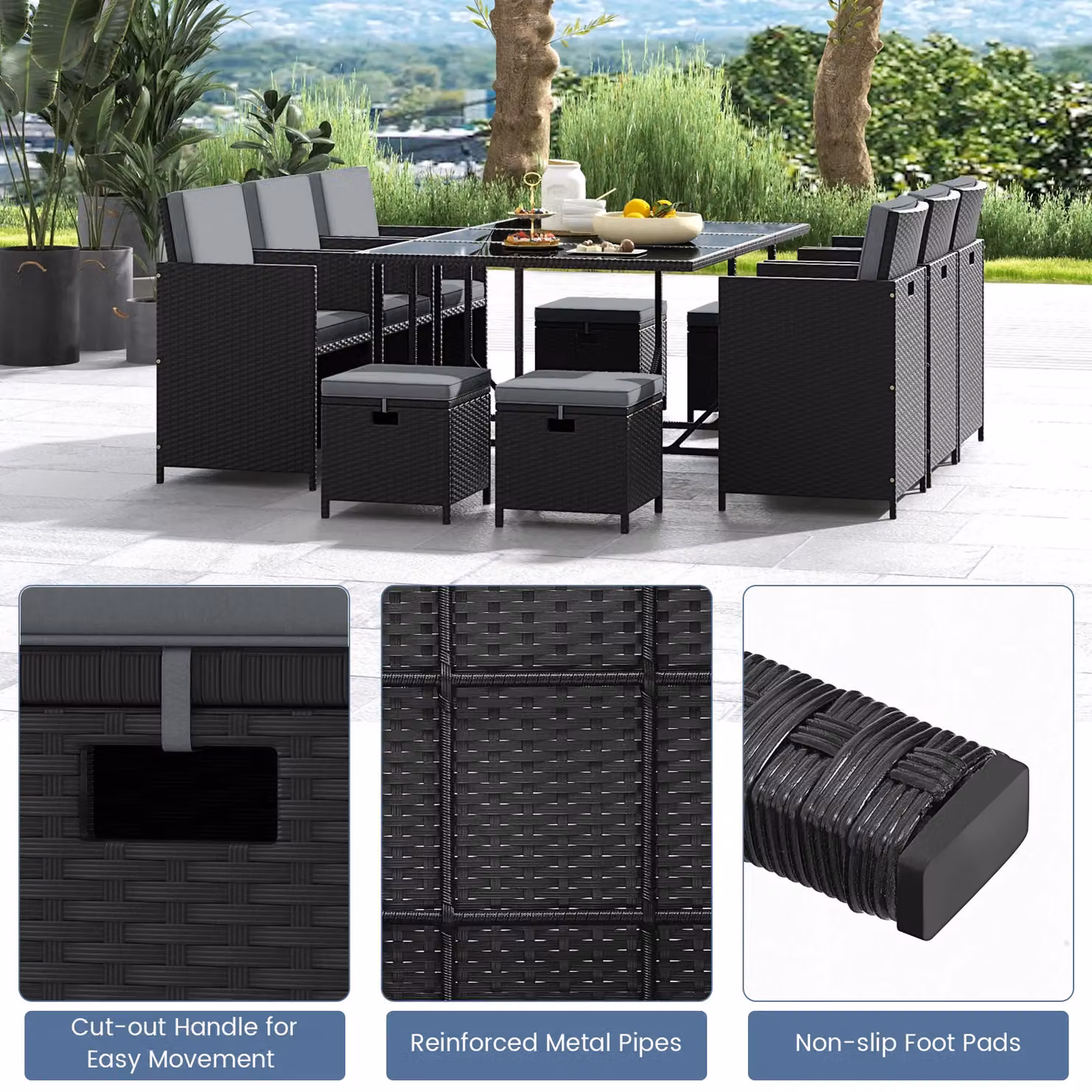Gymax 11 Piece Grey Patio Dining Set with Tempered Glass Table and Rattan Ottomans – 7