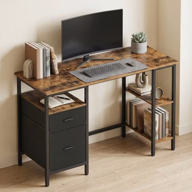VASAGLE Rustic Brown Home Office Writing Desk with Shelves and Drawers
