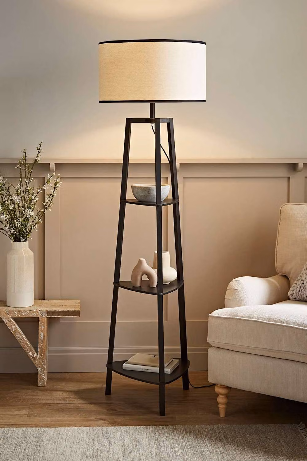 ValueLights Hiru 3 Tier Wood Shelf Floor Lamp in Black with Linen Shade and LED Bulb – 2