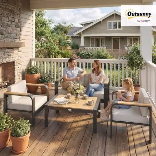 Outsunny 4 Seater Aluminium Garden Furniture Set with Beige Olefin Cushions – 2