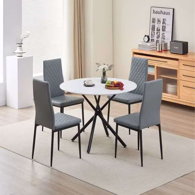 Madefor.living Seattle Round Dining Table with 4 Emily Leather Chairs in Grey