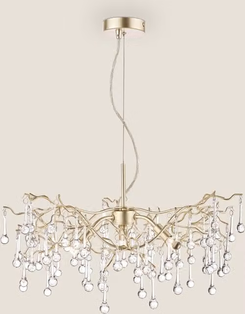 Laura Ashley Willow Modern Suspended Pendant Light in Gold and Brass with Crystal and Glass