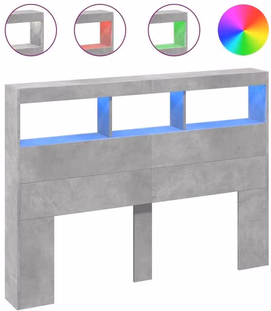 Berkfield Home Modern Wall Mount Headboard Cabinet with LED Lighting and USB Charging Port in Matt Concrete Grey, W/D/H: 140 x 17 x 102 cm