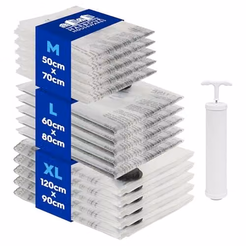 Harbour Housewares Vacuum Storage Bags with Hand Pump, Pack of 15, White and Transparent Plastic