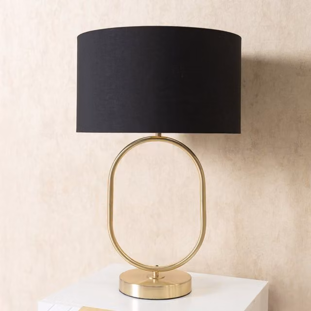 Antonia Oval Table Lamp with Brushed Gold Metal Base and Black Fabric Drum Shade