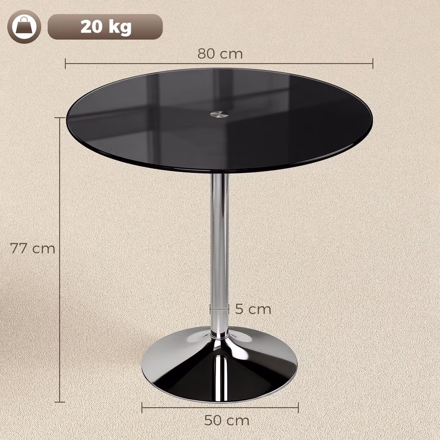 HOMCOM Modern Round Bar Table with Black Glossy Tempered Glass Top and Steel Frame, W/D/H: 80 x 80 x 77 cm – 3