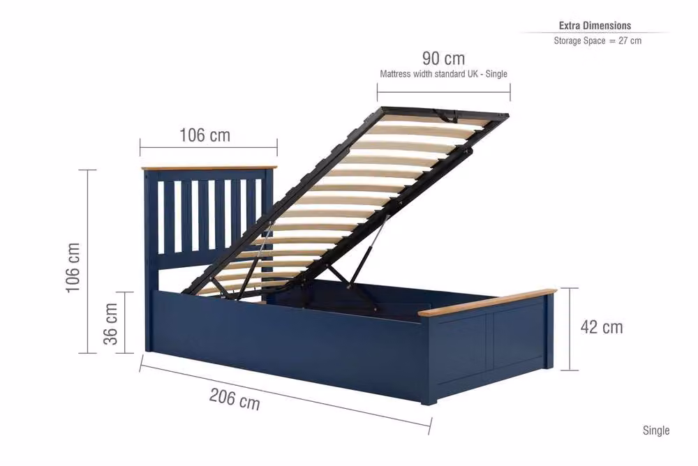 Birlea Aspen Single Navy Blue Upholstered Ottoman Storage Bed Frame, W: 90 cm x D: 190 cm – 2