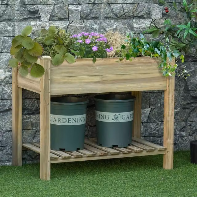 Outsunny Raised Wooden Garden Bed with Legs and Storage Shelf in Green – 1