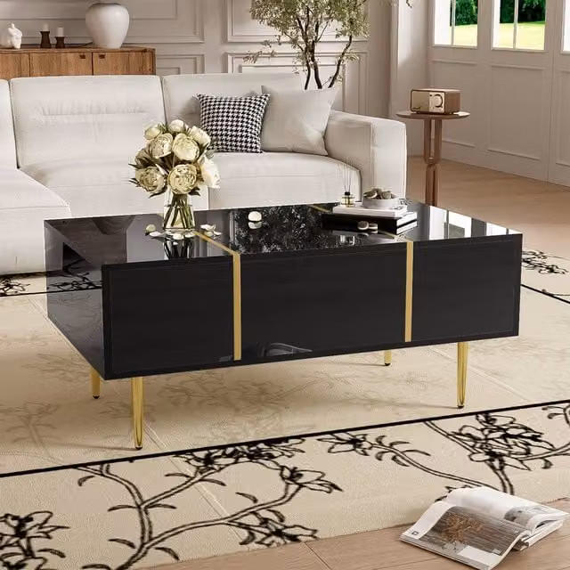 BTM Modern High Gloss Rectangular Coffee Table with Two Drawers in Black – 1