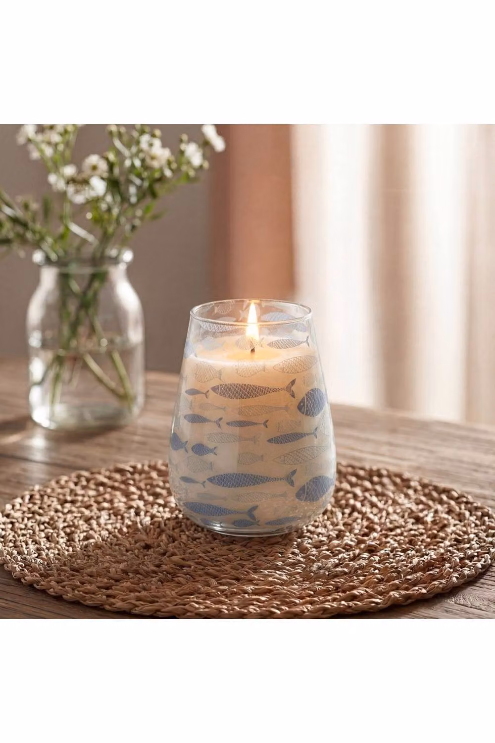 KDMD Tall Glass Jar Candle in Seabreeze Blue with Fish Design – 3
