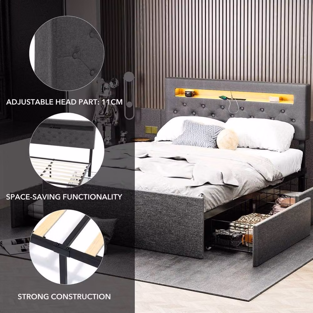 FORGEVIO Double Size Bed Frame with LED Under-Bed Lighting, USB Charging Ports and Side Compartments in Grey – 4