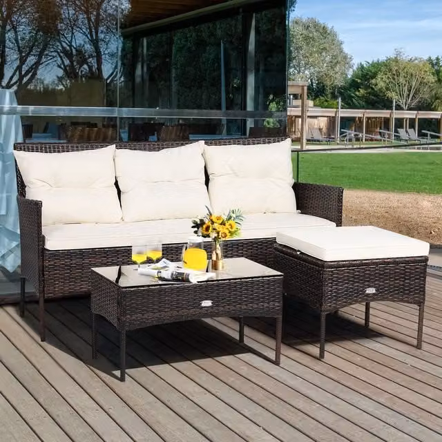Costway 3 Piece White Rattan Patio Conversation Set with 3 Seater Garden Corner Sofa, Coffee Table and Ottoman