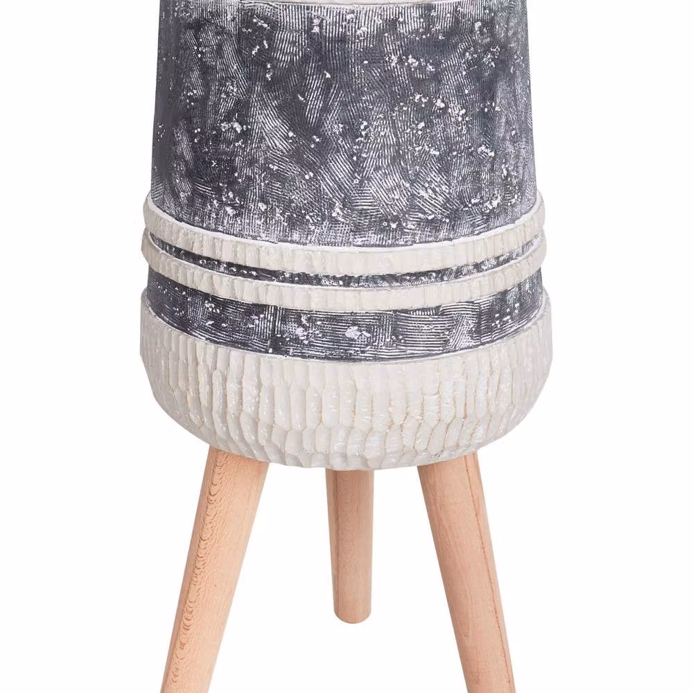 Wyld and Coco Tall Round Fibre-Clay Planter in Grey and Beige with Beechwood Base, H: 57.0 cm, W: 27.0 cm – 2