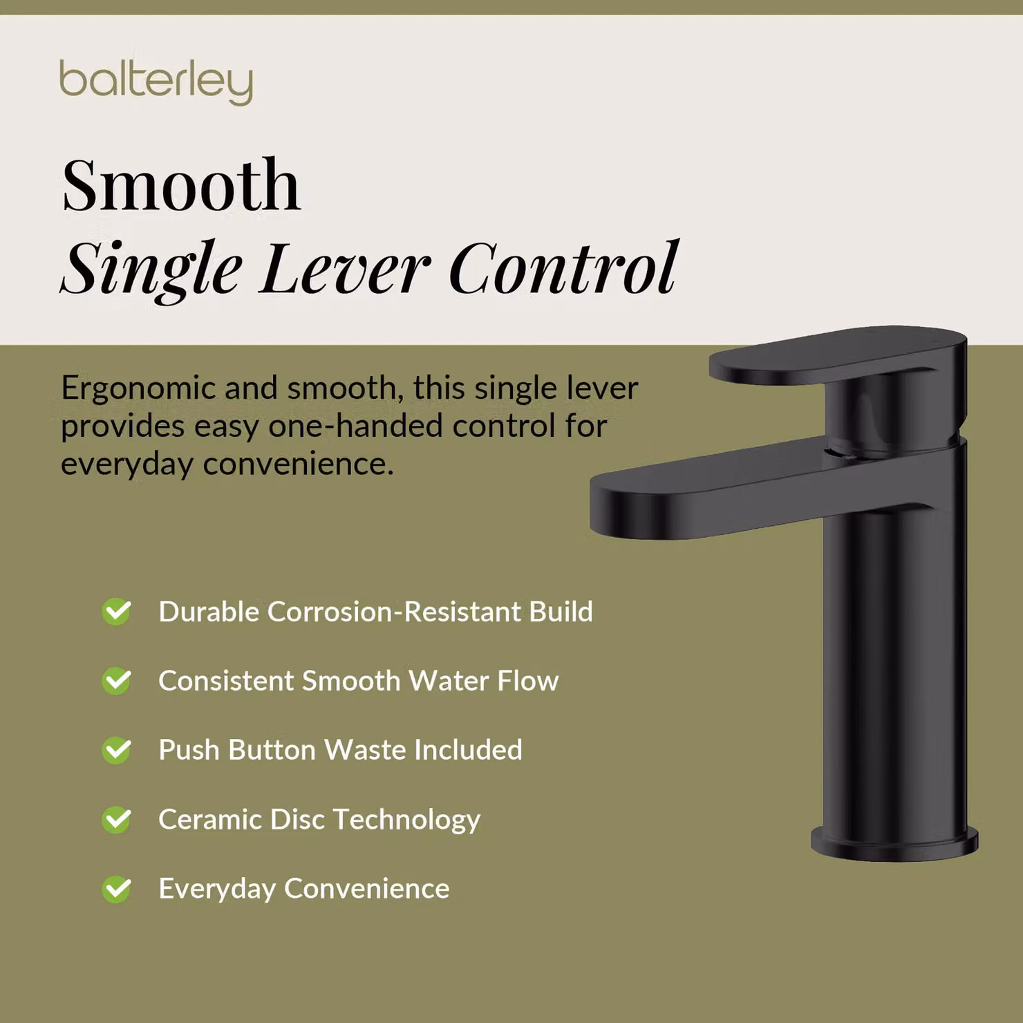 Balterley Current Round Mono Basin Mixer Tap with Push Button Waste, Matt Black – 3