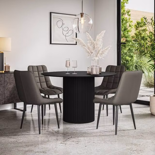 More4Homes Arlo Black Round Dining Table and Nova Grey Faux Leather Dining Chair Set of 6, W/D/H: 120 x 120 x 75 cm – 1