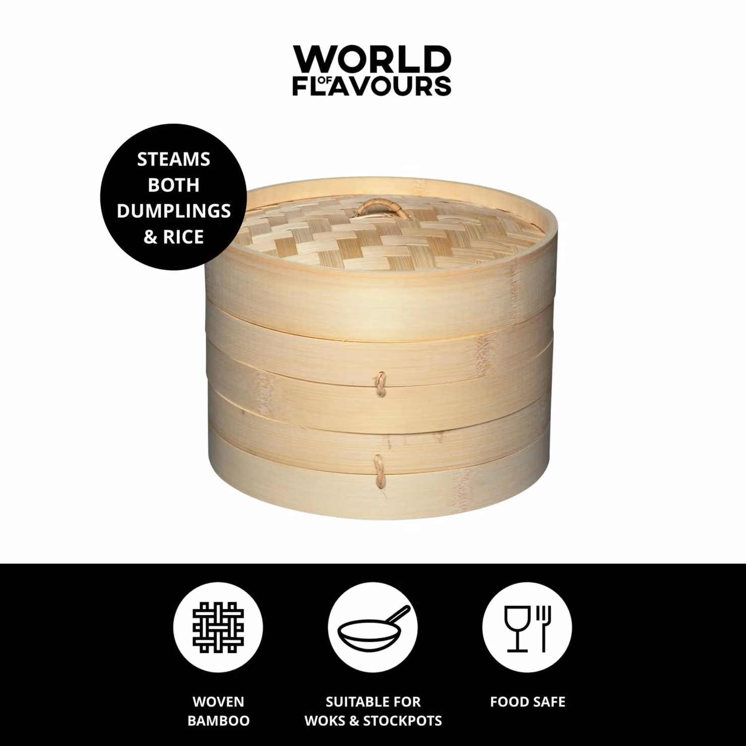 KitchenCraft World of Flavours Two Tier Bamboo Steamer and Lid in Brown or Yellow – 5