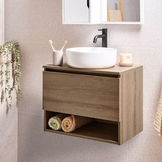 Wyld and Coco Wall Mounted Brown Bathroom Vanity Unit with Pre Cut Basin Holes W: 60 cm, D: 39 cm – 1