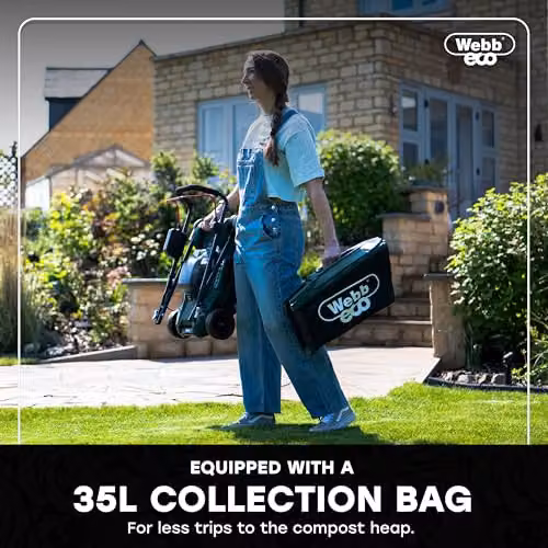 Webb Eco 20V Green Brushless Cordless Lawnmower with 33cm Cutting Width, 35L Collector and Rechargeable Battery and Charger – 5