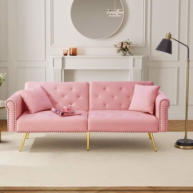 Aosom UK 2-Seater Modern Velvet Sofa Bed in Pink with Adjustable Backrests and Scatter Cushions, W/D/H: 177 x 74 x 71 cm – 1