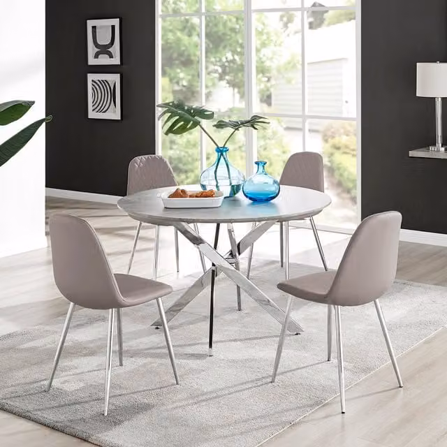 FurnitureboxUK Novara Grey Concrete Round Dining Table and 4 Corona Silver Leg Chairs in Cappuccino