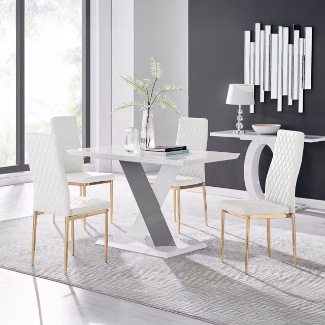 Furniturebox Monza White High Gloss Rectangular Dining Table with 4 Milan Gold Leg Chairs in Grey