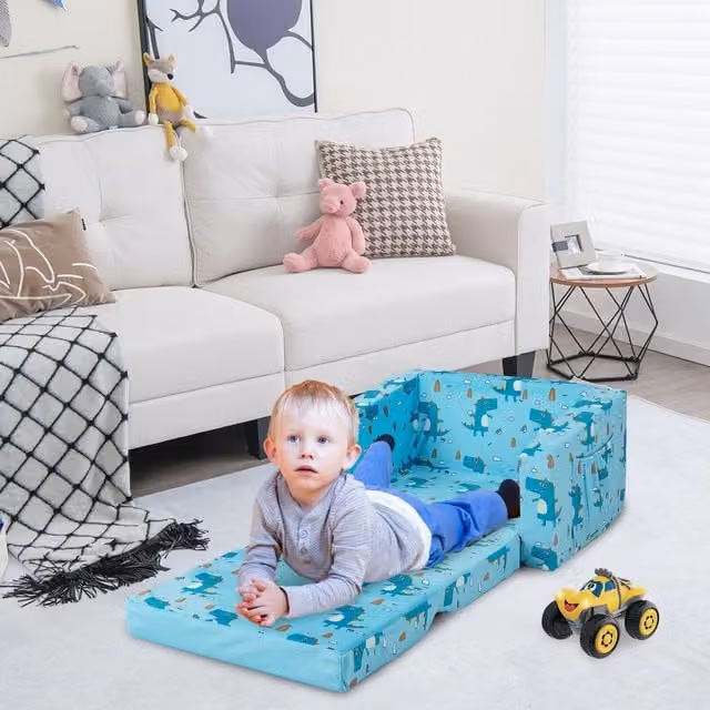 Costway 2-in-1 Kids Sofa Lounger Bed with Abstract Blue Upholstered Frame