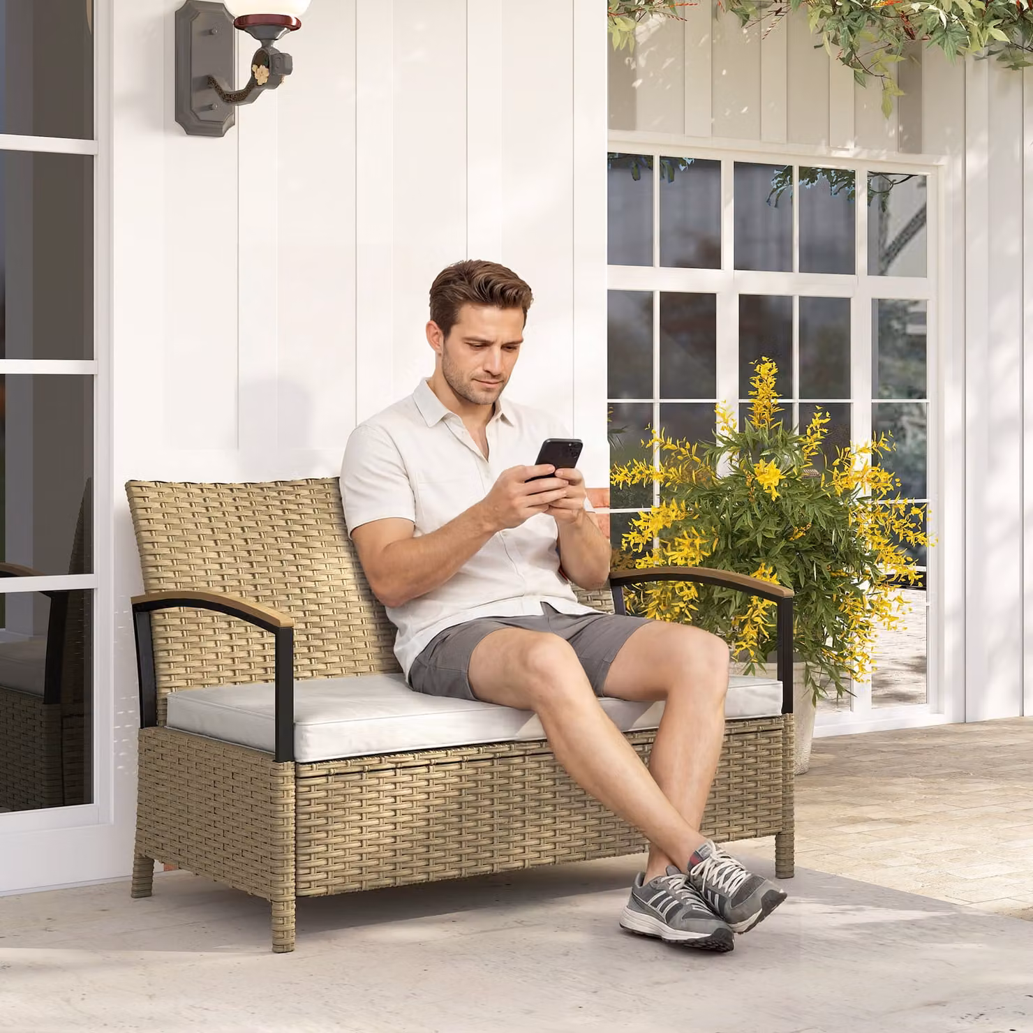 Outsunny 2 Seater PE Rattan Garden Storage Bench with Padded Cushions, Beige – 6