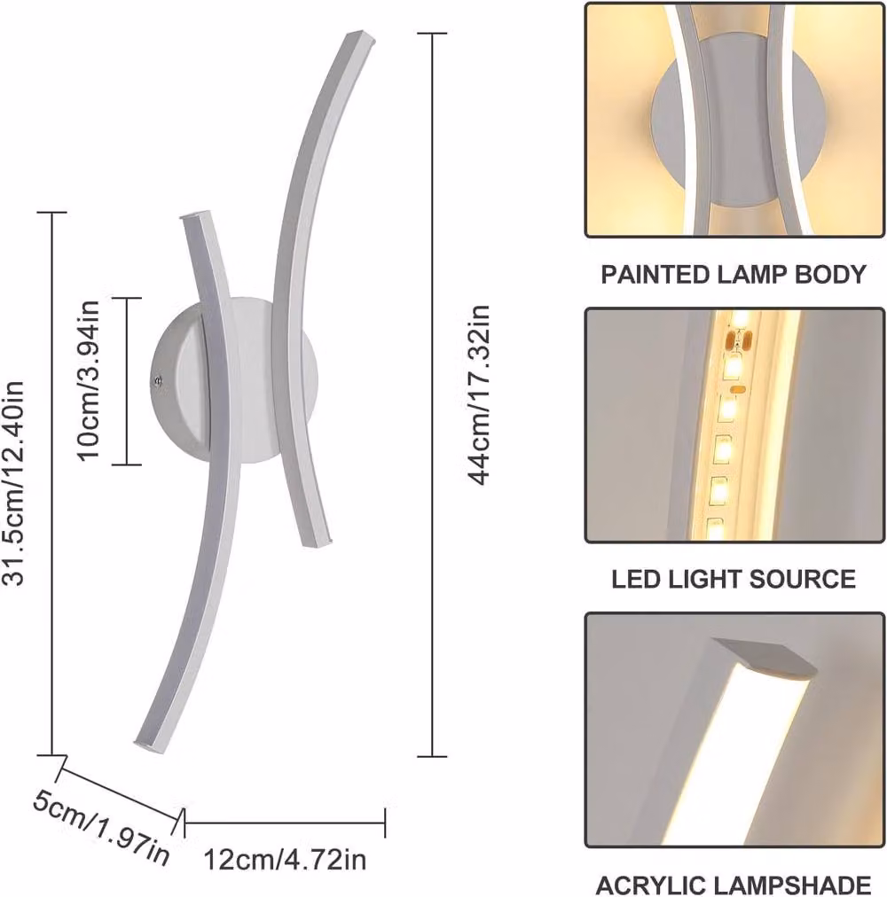 Goeco Modern LED Indoor Wall Light in White with Curved Acrylic and Metal Design, Warm White 3000K – 2