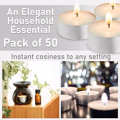Deco Express Unscented White Tealight Candles, 4 Hour Burn Time, Pack of 50 – 3
