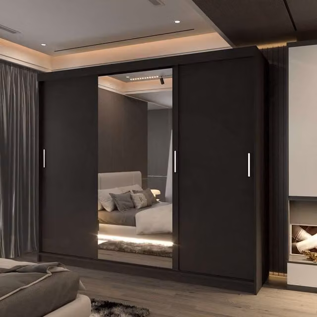 Sliding Wardrobes 4U Large Modern Mirror Wardrobe with LED Lighting in Black, W: 250 cm, H: 217 cm – 1