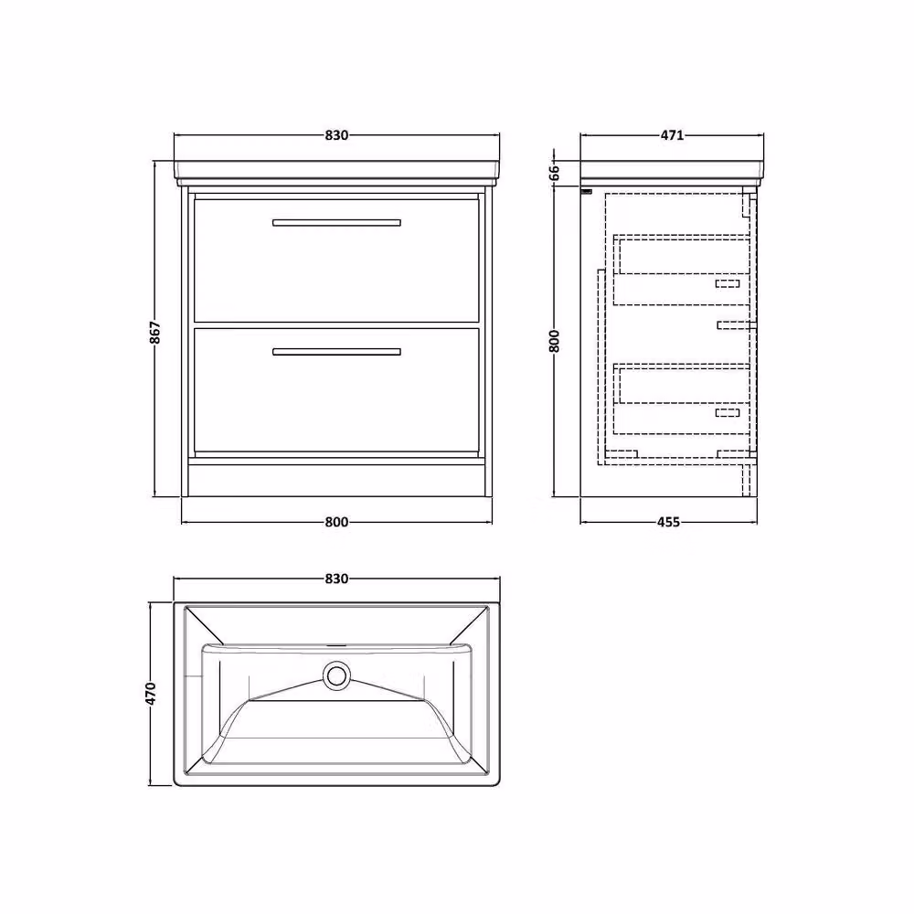 Balterley Modern 2 Drawer Bathroom Vanity Unit with Basin in Light Oak Brown, W/D/H: 80.0 x 47.1 x 86.7 cm – 2