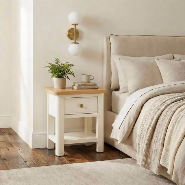 FurnitureboxUK Belle 1 Drawer Solid Oak Wood and Cream Bedside Table – 1