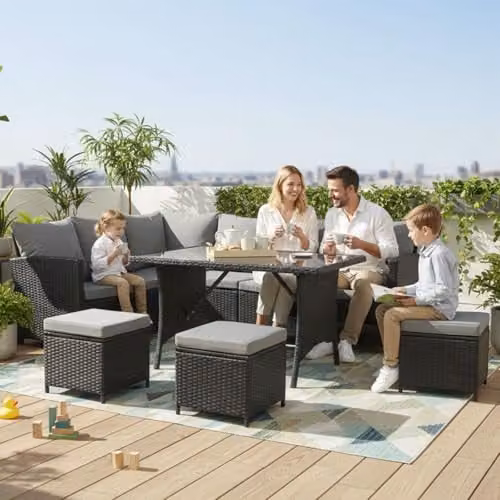 BIRCHTREE 9 Seater Black Rattan Garden Furniture Set with L-Shape Sofa, Ottoman and Coffee Table – 1