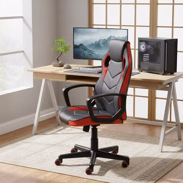 Orsina Ergonomic Black and Red Synthetic Leather Swivel Home Office Chair with Headrest and Armrests