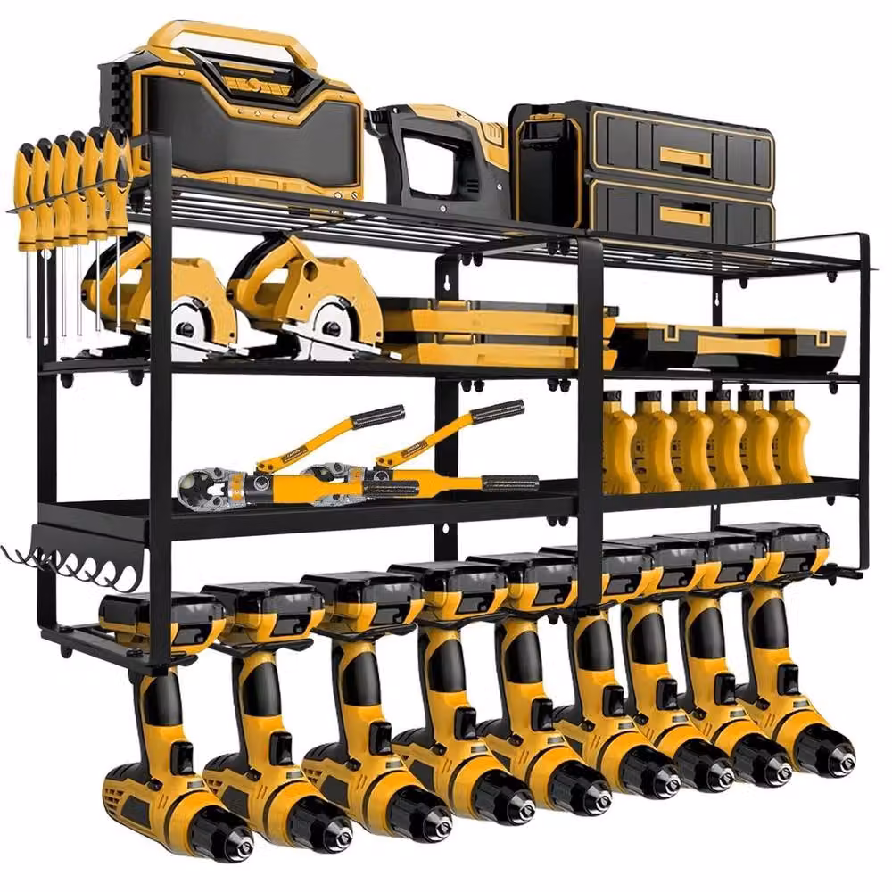 VOGREX 4-Tier Wall Mounted Power Tool Rack with 8 Drill Holders in Black – 4