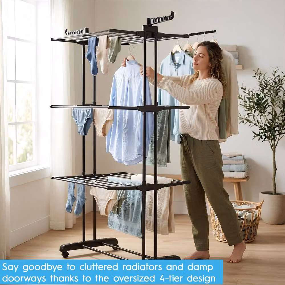 Harbour Housewares 4-Tier Folding Metal Wheeled Clothes Airer with Hooks, Black – 6
