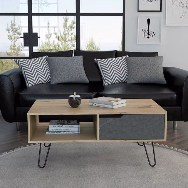 Core Products Ltd Manhattan Coffee Table in Bleached Pine and Stone Effect with Industrial Wood and Metal Design