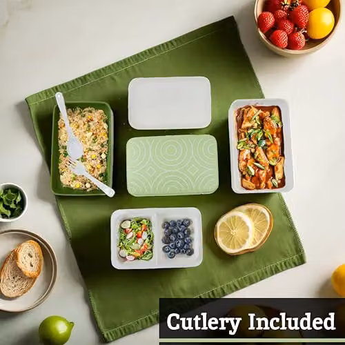 Premier Housewares Green and White Stackable Compact Bento Lunch Box with Cutlery and Compartments – 2
