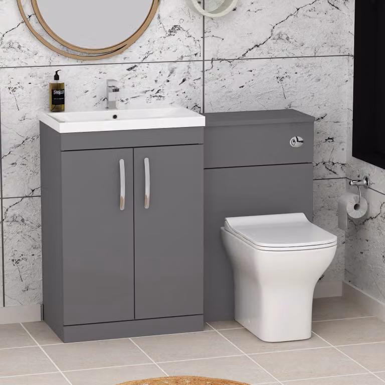 Royal Bathrooms Turin 1100mm Indigo Grey Gloss 2-Door Mid-Edge Basin and Qubix Back to Wall Toilet Pack
