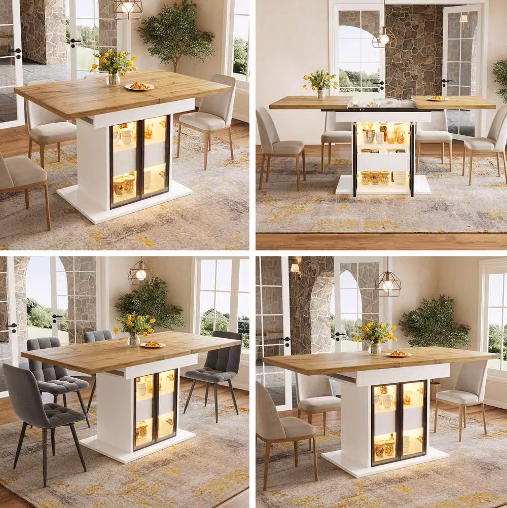 STILVORA Extendable Rectangular Dining Table with RGB LED and Storage in White and Transparent – 5