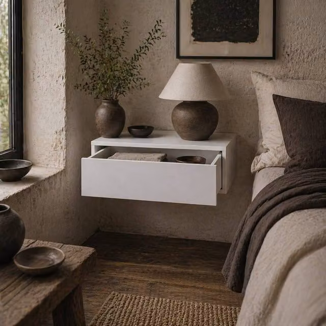 Wyld Haus Sosa White Wall Mounted Floating Bedside Table with Drawer, W/D/H: 40 x 30 x 15 cm – 1