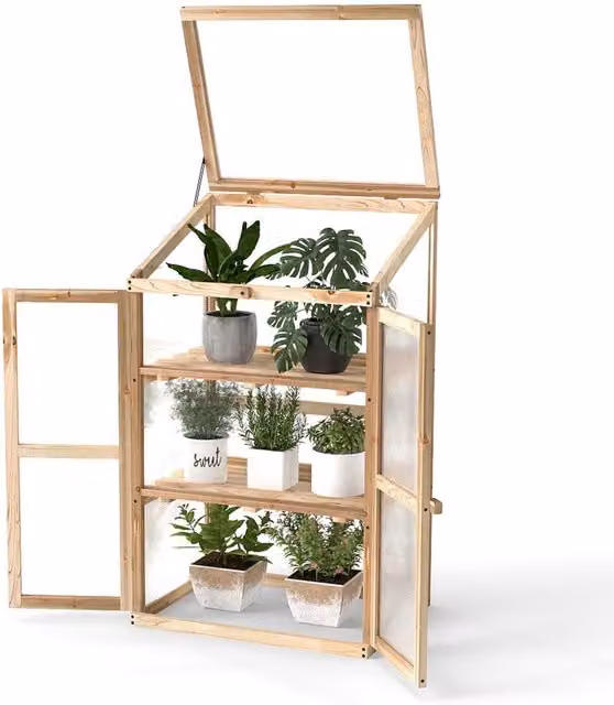 Gymax Wooden Cold Frame Greenhouse and Outdoor Raised Planter in Beige, W/D/H: 100 x 60 x 45 cm