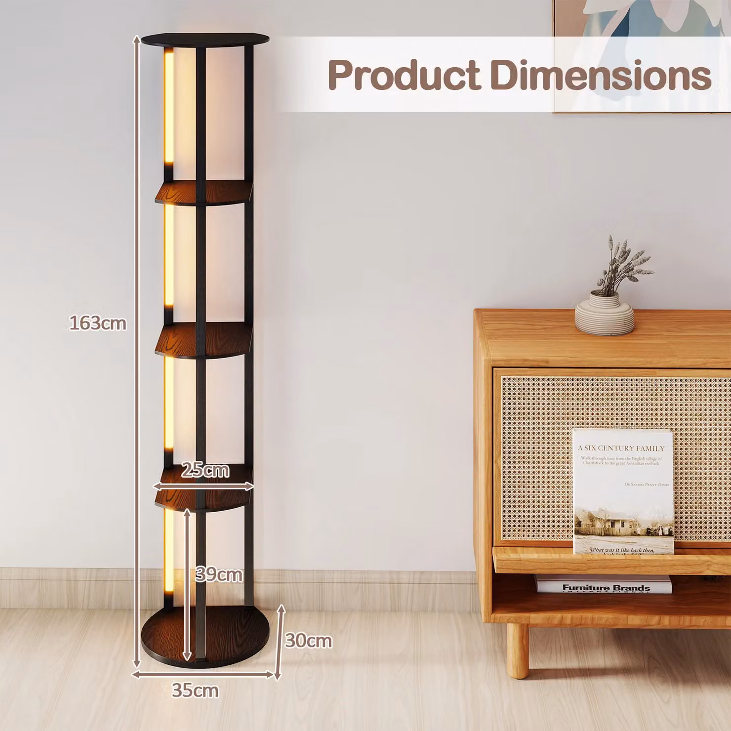 Costway Modern Wood Display Rack Floor Lamp with 4 Adjustable LED Strips in Black – 3