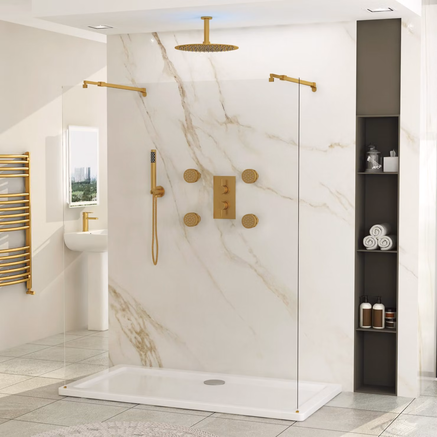 Royal Bathrooms Marbella Walk Through Wet Room Shower Screen, Clear Glass with Gold Support Arms, W: 80 cm