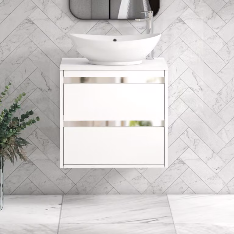 Royal Bathrooms Orion 600mm Matt White Wall Hung 2 Drawer Vanity Unit with Amaze Basin and Chrome Accent Trim