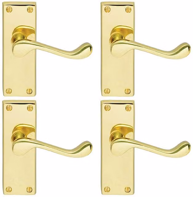 Loops 4 Pair Victorian Scroll Handles with Latch Backplate in Polished Brass, W: 120 mm x H: 41 mm