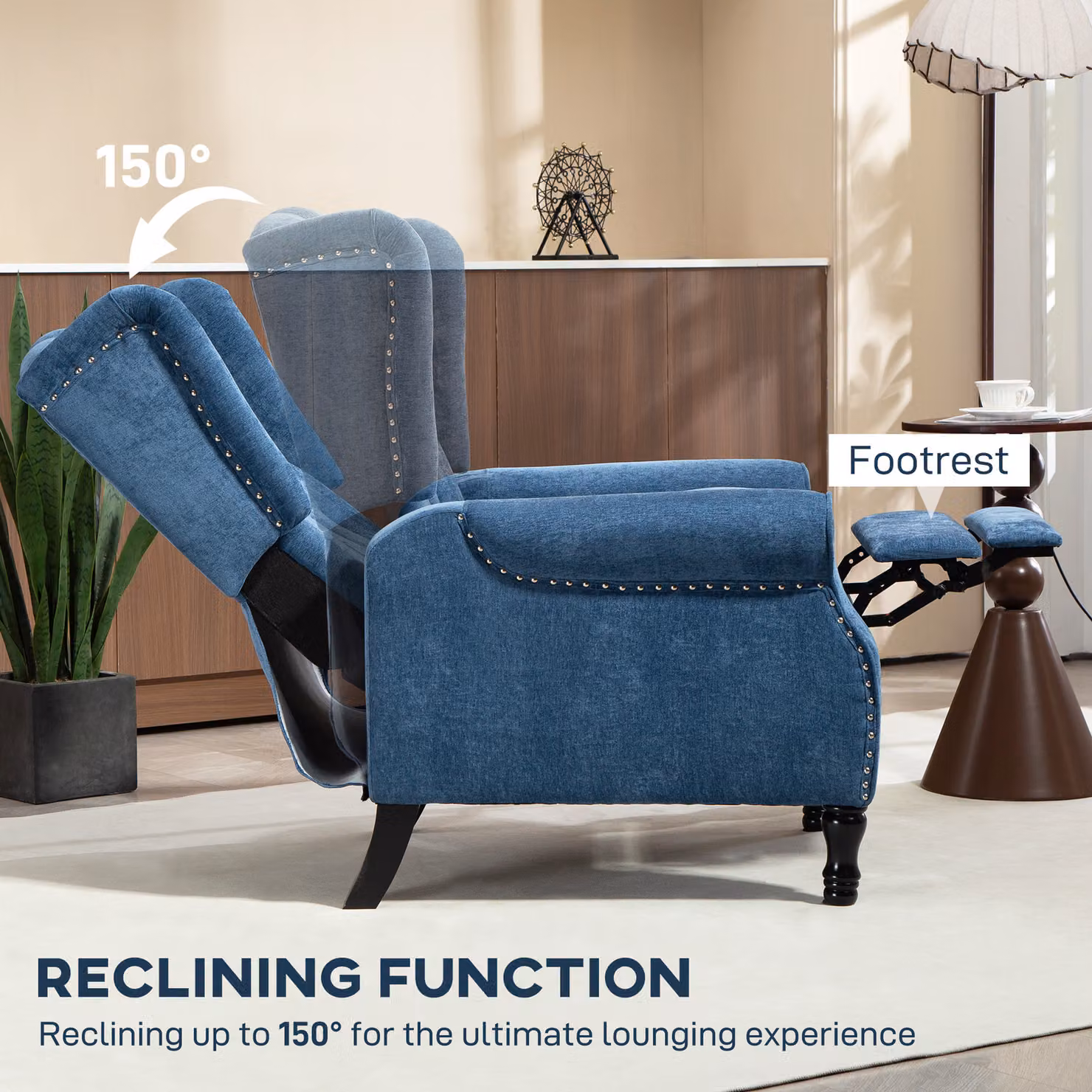 HOMCOM Vintage Reclining Armchair with Integrated Footrest in Royal Blue – 4