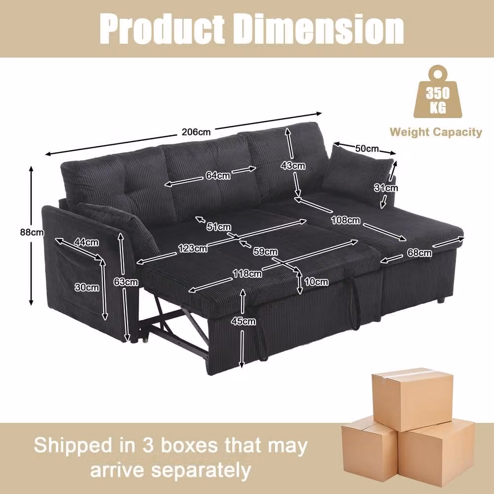 Direct Wicker L-Shape Convertible 3-in-1 Sofa with Storage and Pull-Out Bed in Black, W/D/H: 206 x 150 x 88 cm – 6