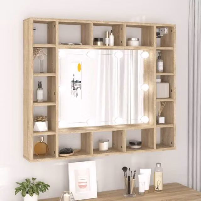 Berkfield Home LED Mirror Cabinet in Sonoma Oak Brown, W/D/H: 91 x 15 x 76.5 cm
